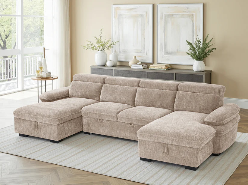 Hudson Beige U-Shape Corner Sofa Bed with Storage - Furniture One Shop