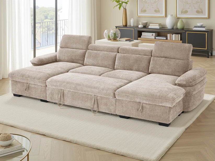 Hudson Beige U-Shape Corner Sofa Bed with Storage - Furniture One Shop