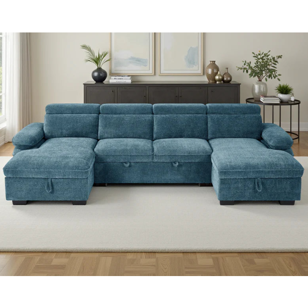 Hudson Blue U-Shape Corner Sofa Bed with Storage