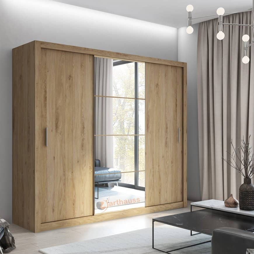 Idea ID-01 Wooden Wardrobe With Mirrored Sliding Doors In Oak Shetland