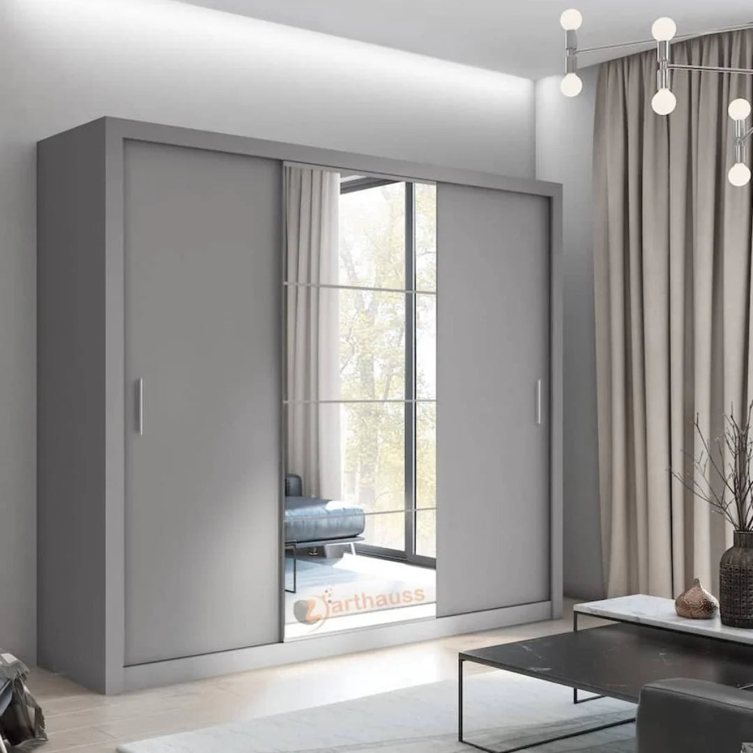 Idea ID-01 Wooden Wardrobe With Mirrored Sliding Doors In Grey Matt