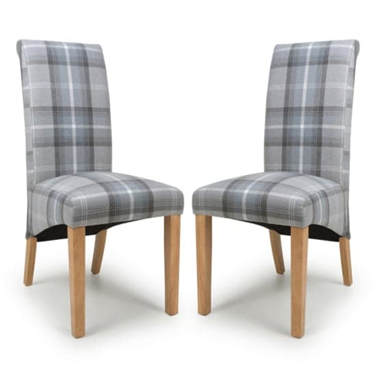 Karta Check Grey Fabric Dining Chairs With Oak Legs In Pair