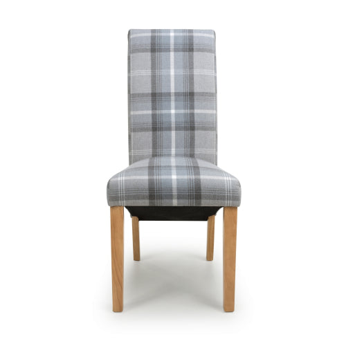 Karta Check Grey Fabric Dining Chairs With Oak Legs In Pair