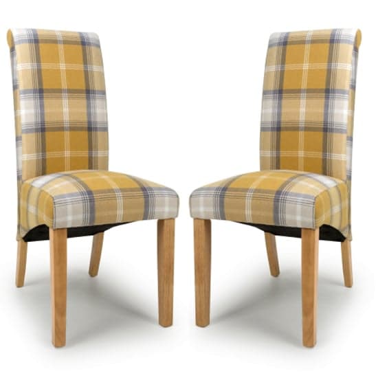 Karta Check Yellow Fabric Dining Chairs With Oak Legs In Pair