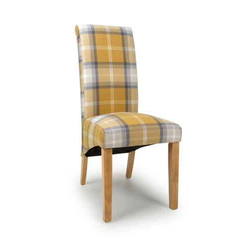 Karta Check Yellow Fabric Dining Chairs With Oak Legs In Pair