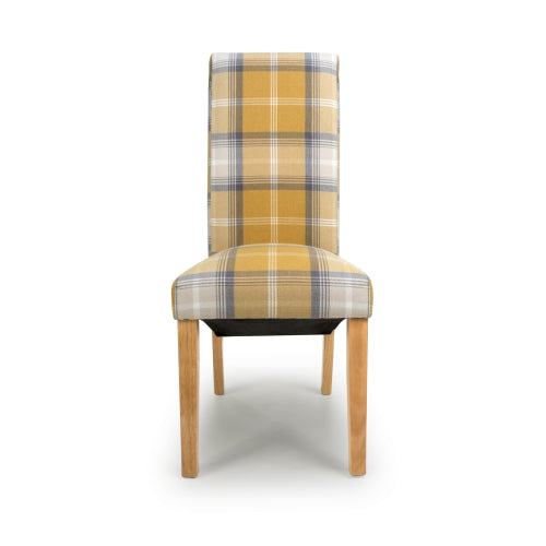 Karta Check Yellow Fabric Dining Chairs With Oak Legs In Pair