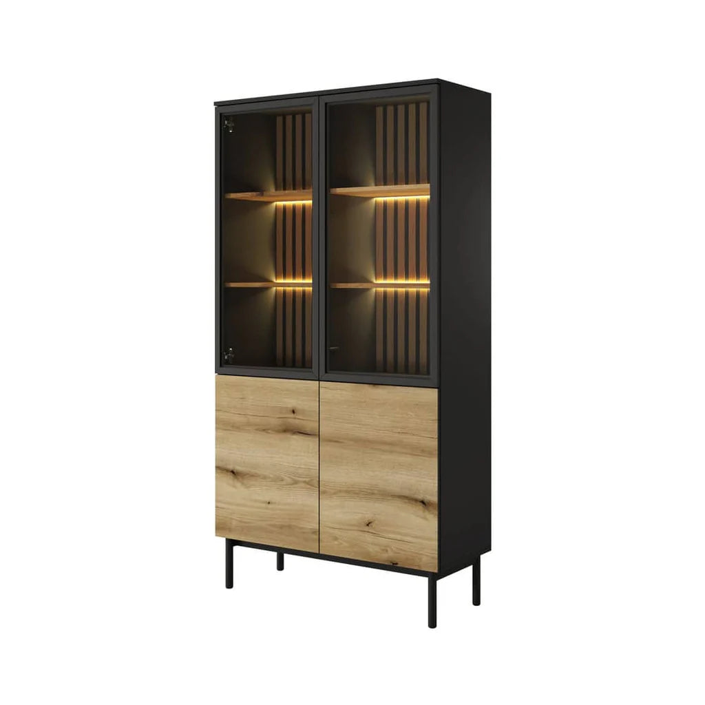 Lang Wooden Tall Display Cabinet in Black & Evoke Oak