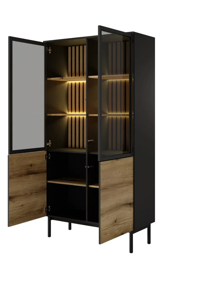 Lang Wooden Tall Display Cabinet in Black & Evoke Oak