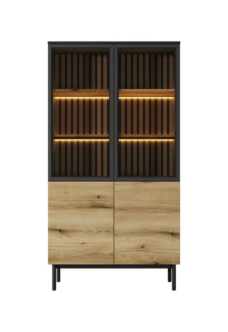 Lang Wooden Tall Display Cabinet in Black & Evoke Oak