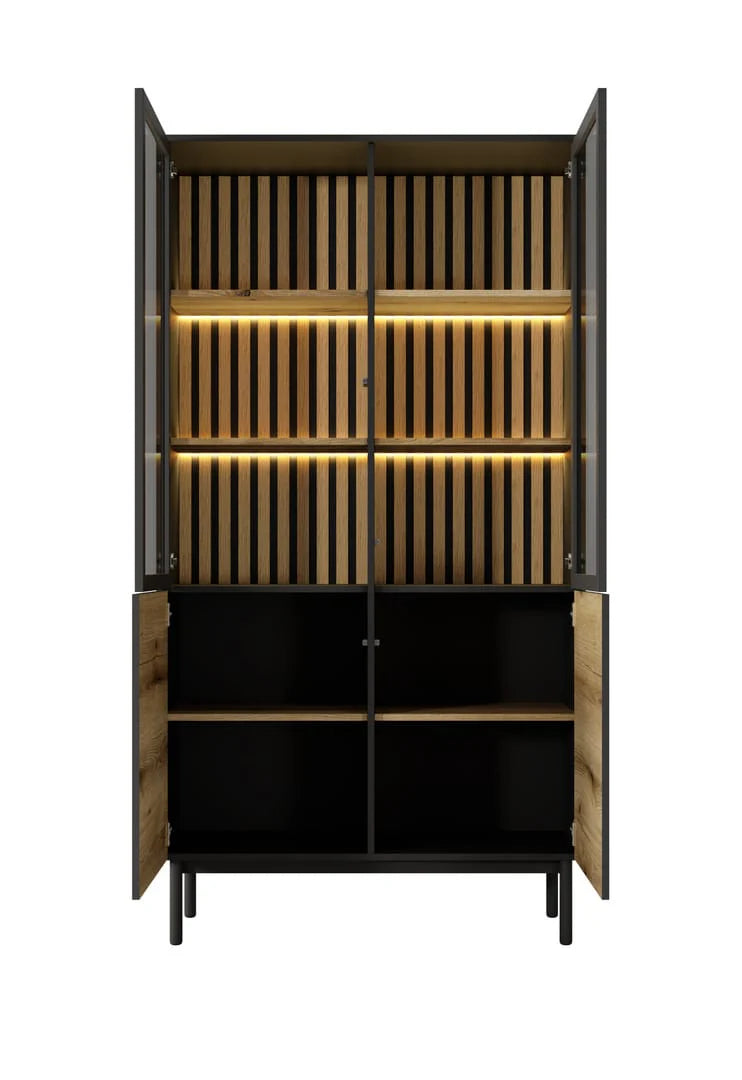 Lang Wooden Tall Display Cabinet in Black & Evoke Oak