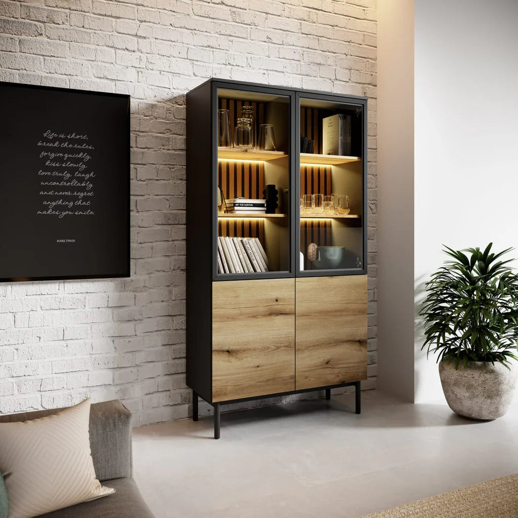 Lang Wooden Tall Display Cabinet in Black & Evoke Oak