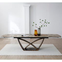 Lavish Italian Ceramic Marble Extending Dining Table In Matt Ivory & Emerald Vein