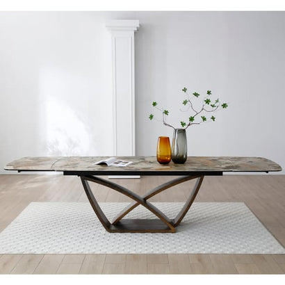 Lavish Italian Ceramic Marble Extending Dining Table In Matt Ivory & Emerald Vein