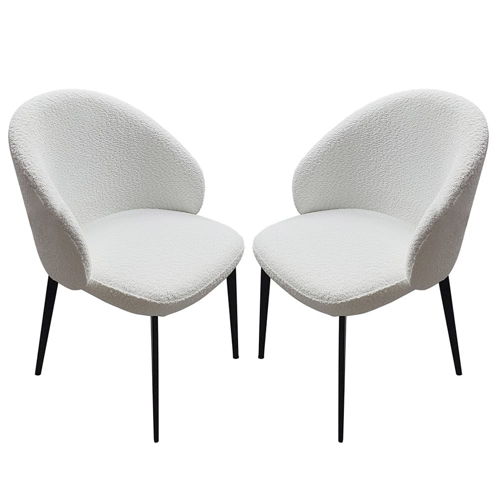 Lazio Ivory White Boucle Fabric Dining Chairs With Black Legs In Pair