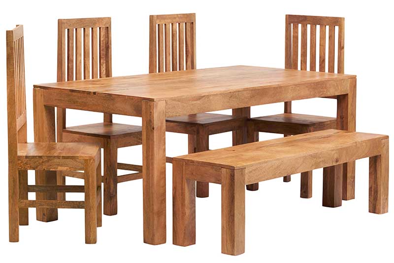 Toko Light Mango 6 Ft Dining Set With Bench & 4 Slatted Chairs - UK