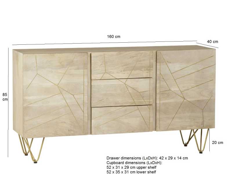 Light Gold Extra Large Sideboard 3 Drawers And 2 Doors