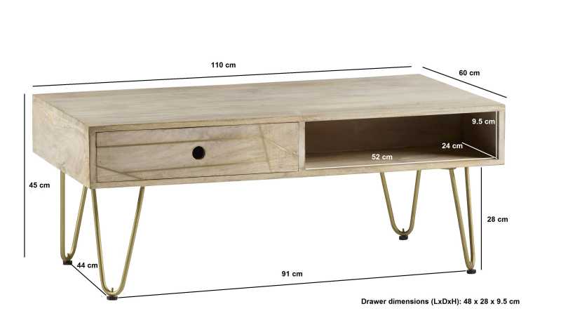 Light Gold Rectangular Coffee Table With Drawer