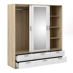 Line Wardrobe - 3 Doors 6 Drawers in Oak with White High Gloss - Furniture One Shop
