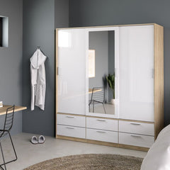 Line Wardrobe - 3 Doors 6 Drawers in Oak with White High Gloss - Furniture One Shop