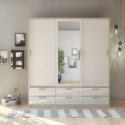 Line Wardrobe - 3 Doors 6 Drawers in Oak with White High Gloss - Furniture One Shop