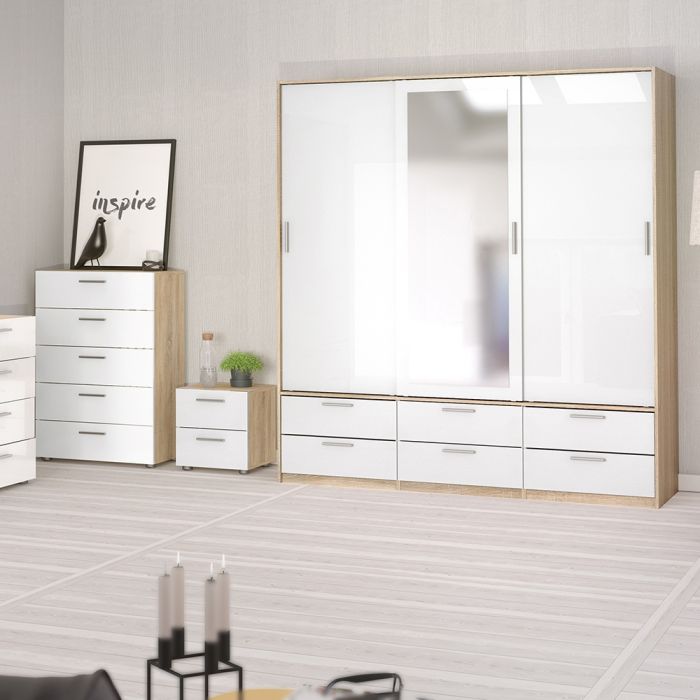 Line Wardrobe - 3 Doors 6 Drawers in Oak with White High Gloss