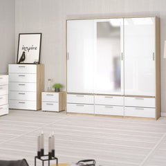 Line Wardrobe - 3 Doors 6 Drawers in Oak with White High Gloss - Furniture One Shop