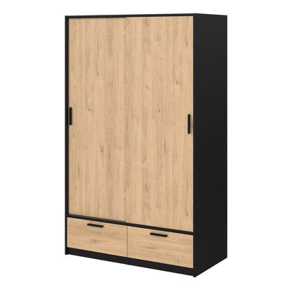 Line Wardrobe with 2 Doors + 2 Drawers in Black and Jackson Hickory Oak