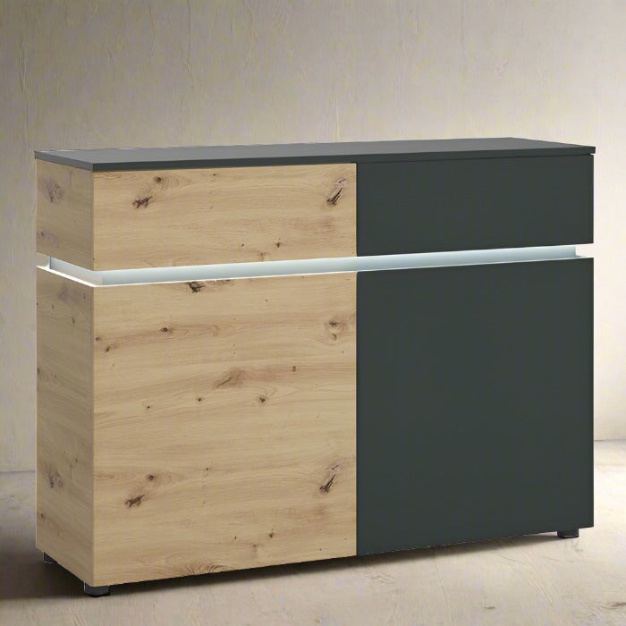 Luci 2 Door 2 Drawer Cabinet (including LED lighting) in Platinum and Oak