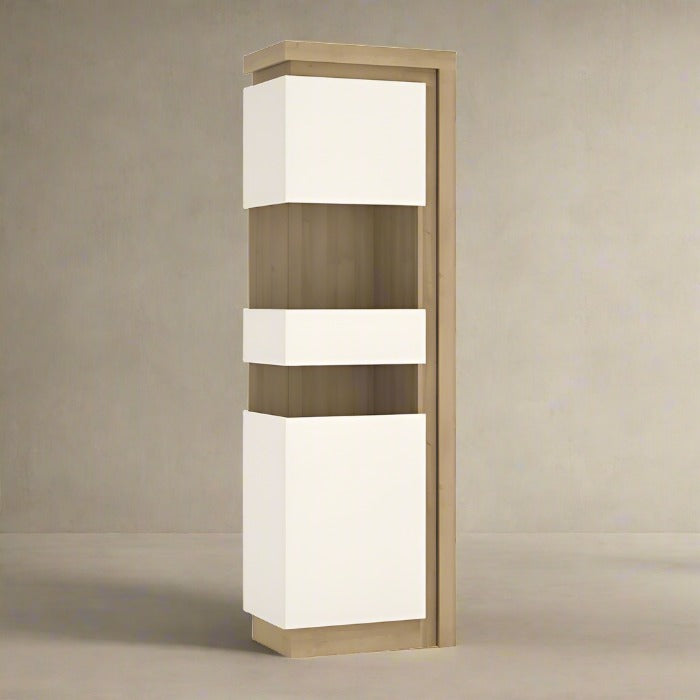 Lyon Tall Narrow Display Cabinet (LHD) in Riviera Oak/White High Gloss