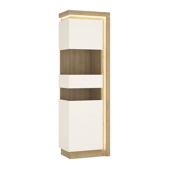 Lyon Tall Narrow Display Cabinet (LHD) in Riviera Oak/White High Gloss