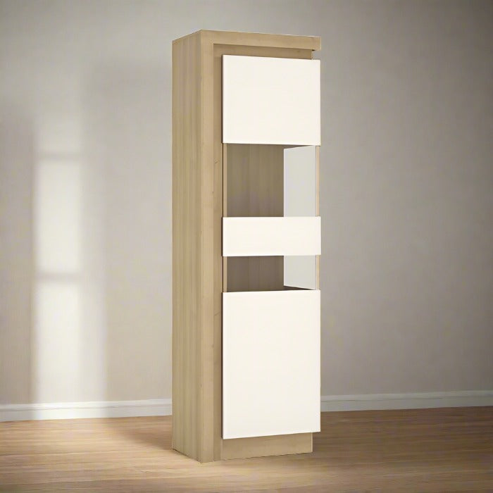 Lyon Tall Narrow Display Cabinet (RHD) in Riviera Oak/White High Gloss