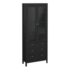 Madrid China Cabinet 2 Glass Doors with 3 Drawers in Matt Black - Furniture One Shop