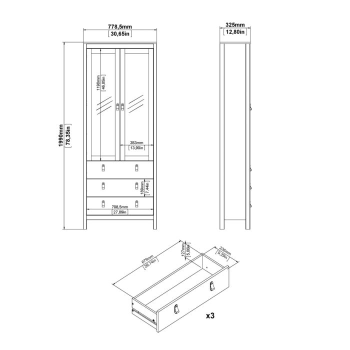 Madrid China Cabinet 2 Glass Doors with 3 Drawers in Matt Black