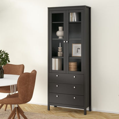 Madrid China Cabinet 2 Glass Doors with 3 Drawers in Matt Black - Furniture One Shop