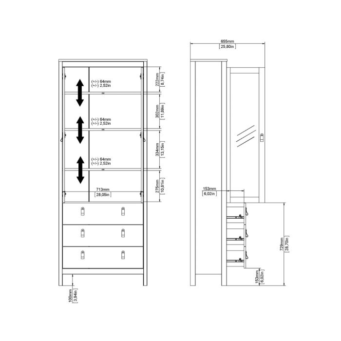 Madrid China Cabinet 2 Glass Doors with 3 Drawers in White