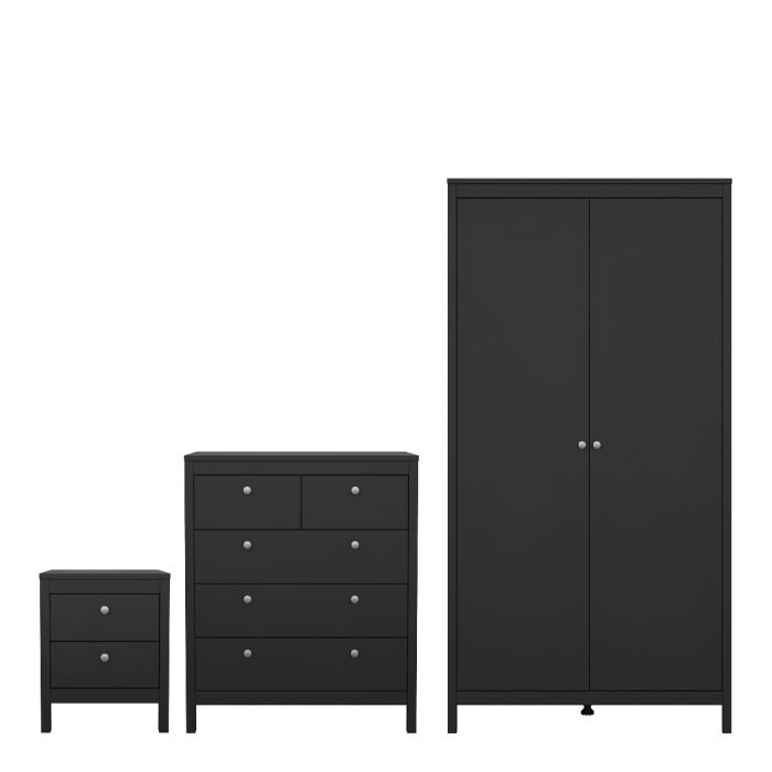 Madrid Package - Bedside Table 2 drawers + Chest 3+2 drawer + Wardrobe with 2 doors in Matt Black