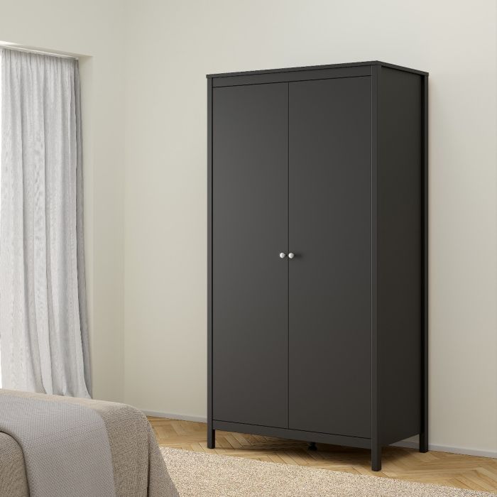 Madrid Package - Bedside Table 2 drawers + Chest 3+2 drawer + Wardrobe with 2 doors in Matt Black