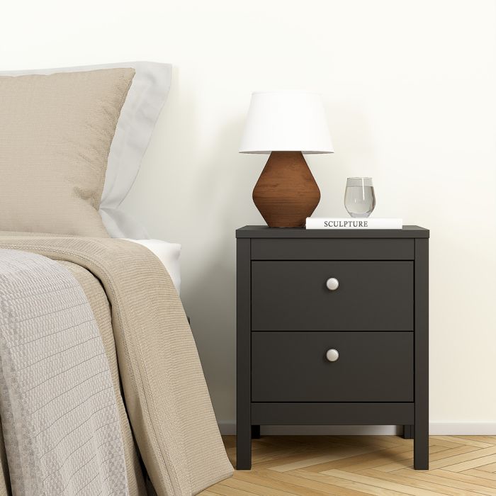 Madrid Package - Bedside Table 2 drawers + Chest 3+2 drawer + Wardrobe with 2 doors in Matt Black