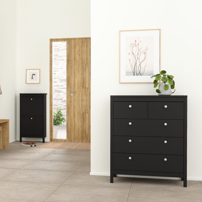 Madrid Package - Bedside Table 2 drawers + Chest 3+2 drawer + Wardrobe with 2 doors in Matt Black