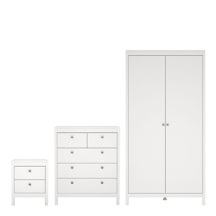 Madrid Package - Bedside Table 2 drawers + Chest 3+2 drawer + Wardrobe with 2 doors in White