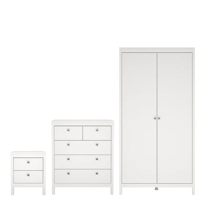 Madrid Package - Bedside Table 2 drawers + Chest 3+2 drawer + Wardrobe with 2 doors in White - Furniture One Shop