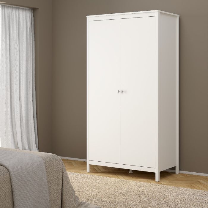 Madrid Package - Bedside Table 2 drawers + Chest 3+2 drawer + Wardrobe with 2 doors in White