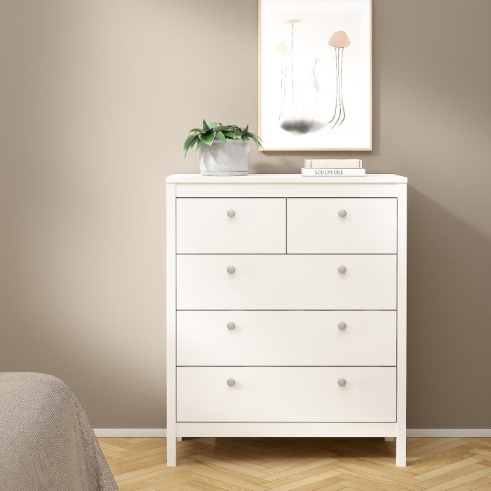 Madrid Package - Bedside Table 2 drawers + Chest 3+2 drawer + Wardrobe with 2 doors in White