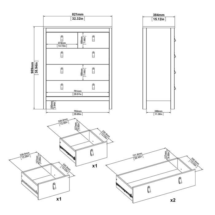 Madrid Package - Bedside Table 2 drawers + Chest 3+2 drawer + Wardrobe with 2 doors in White