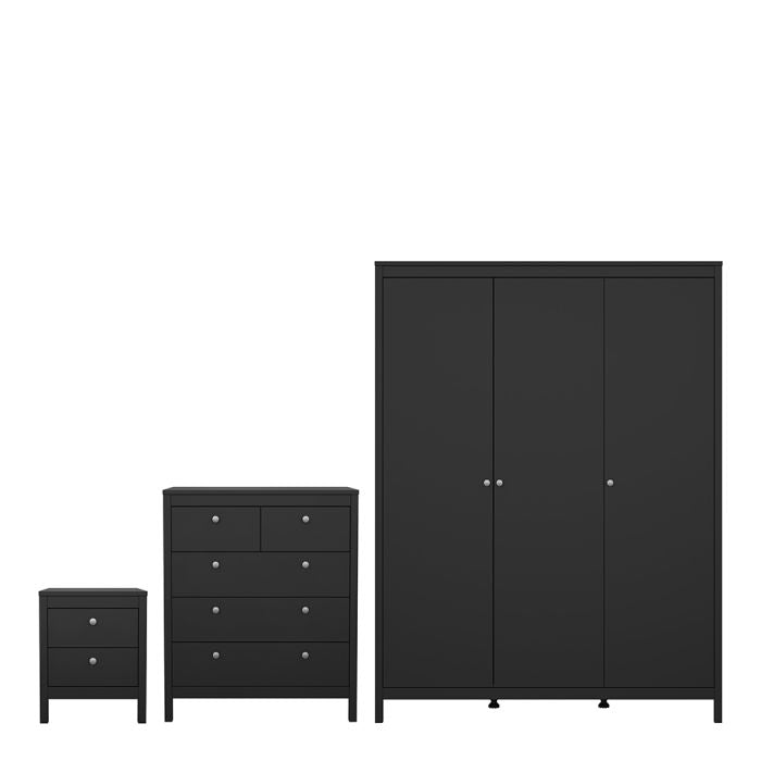 Madrid Package - Bedside Table 2 drawers + Chest 3+2 drawer + Wardrobe with 3 doors in Matt Black