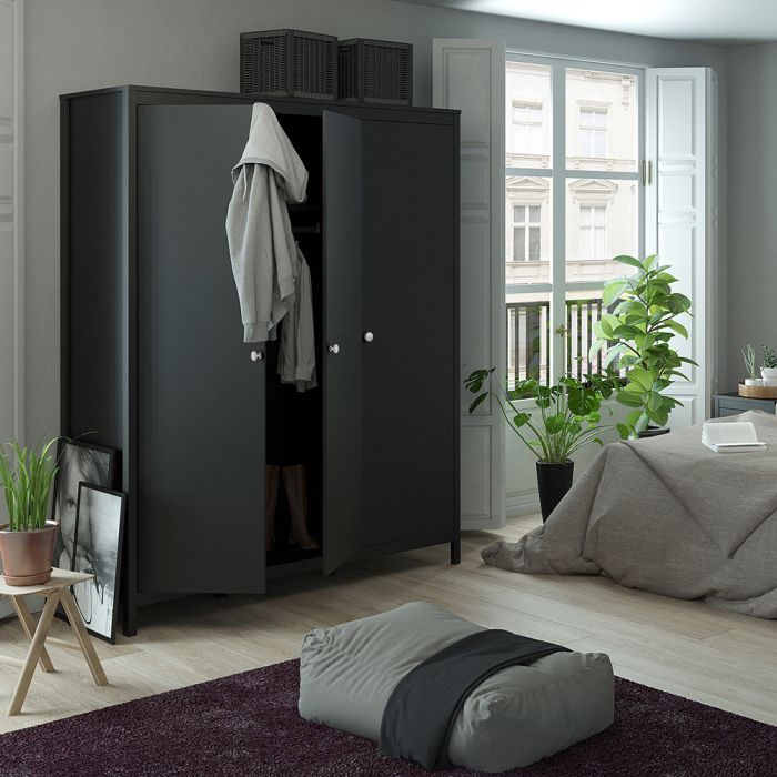 Madrid Package - Bedside Table 2 drawers + Chest 3+2 drawer + Wardrobe with 3 doors in Matt Black