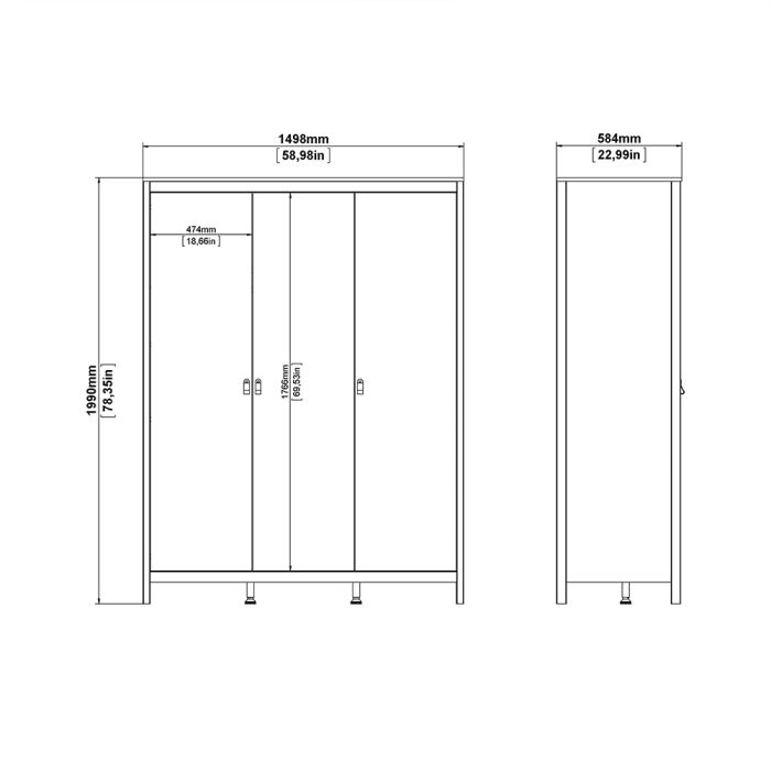 Madrid Package - Bedside Table 2 drawers + Chest 3+2 drawer + Wardrobe with 3 doors in Matt Black