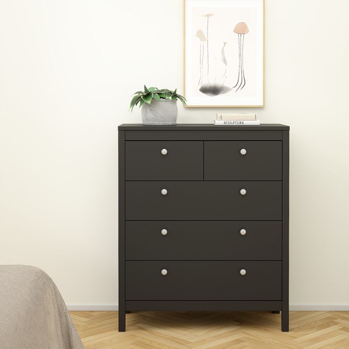 Madrid Package - Bedside Table 2 drawers + Chest 3+2 drawer + Wardrobe with 3 doors in Matt Black