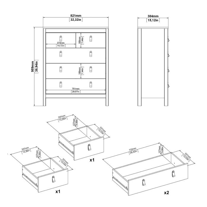 Madrid Package - Bedside Table 2 drawers + Chest 3+2 drawer + Wardrobe with 3 doors in Matt Black