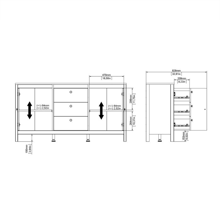 Madrid Sideboard 2 doors + 3 drawers in Matt Black